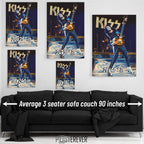 Ace Frehley 1977 KISS Japan color wall art size comparison chart shown above an average 90-inch three-seater sofa.