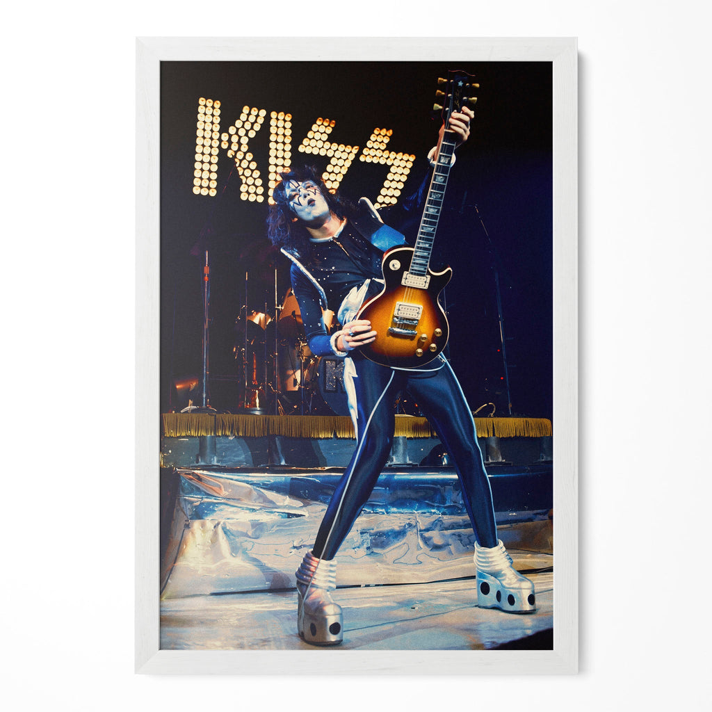 Ace Frehley 1977 KISS Japan Tour color poster in a modern minimalist white wooden frame by POSTEREVER.