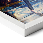 Corner close-up revealing the clean wood grain of the white framed Ace Frehley 1977 KISS color art print.