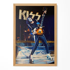Ace Frehley 1977 KISS Japan live color guitar poster in a premium natural oak wood frame by POSTEREVER.