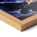 Corner close-up highlighting the natural oak finish of the framed Ace Frehley 1979 KISS Dynasty color poster.