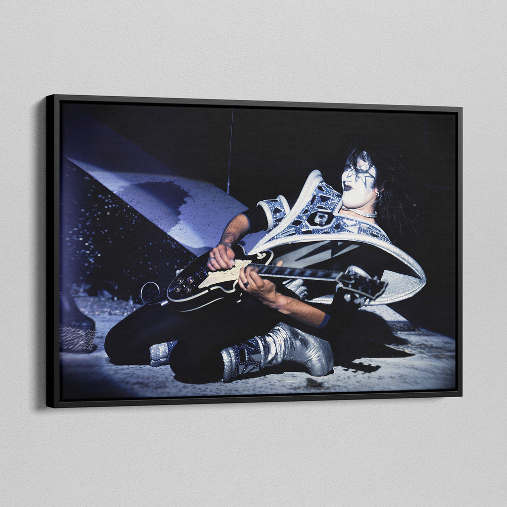 Side angle of the Ace Frehley 1979 KISS Dynasty color canvas in a luxury minimalist black floating frame.