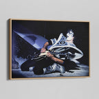 Angled view of the color canvas in a modern natural oak wood floating frame.