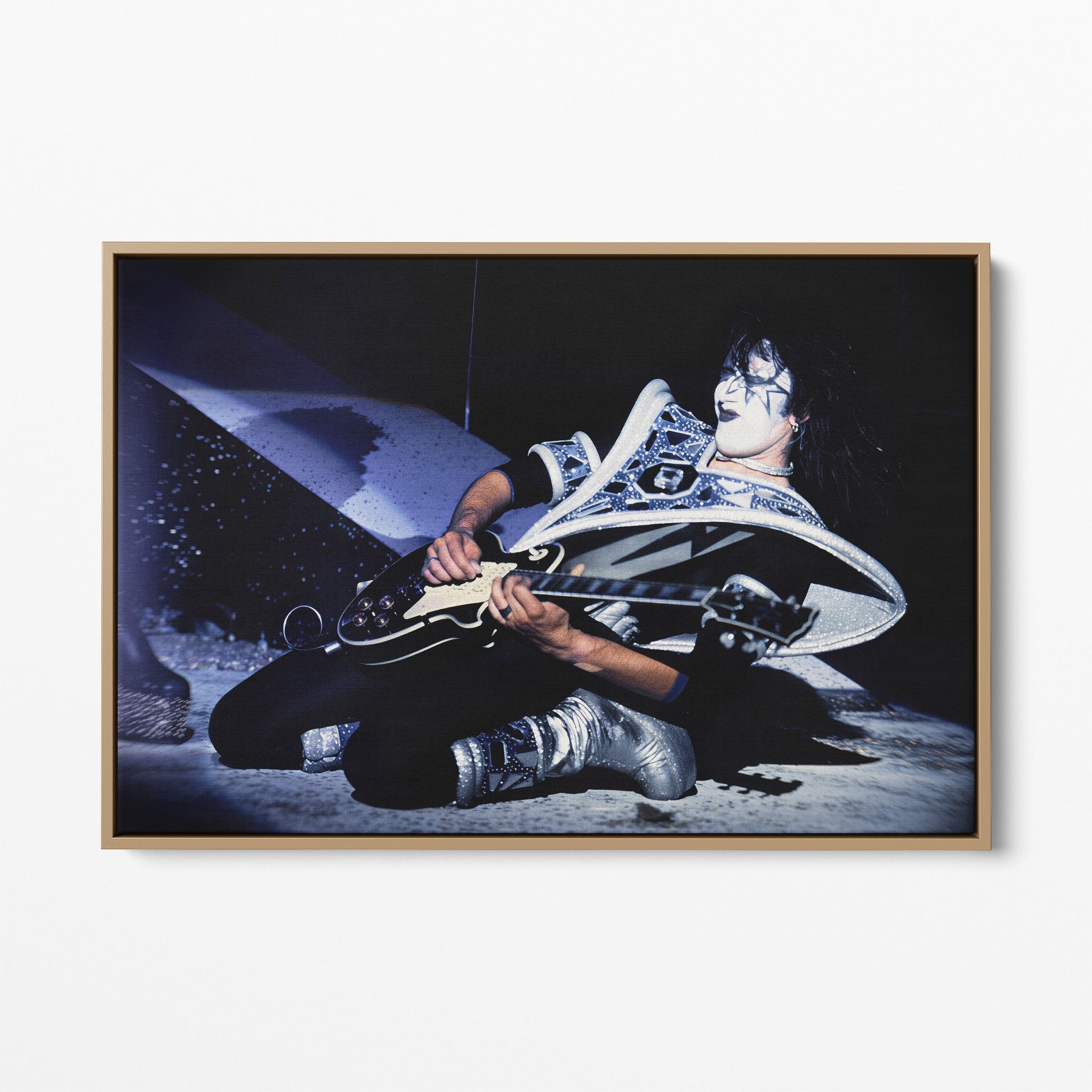 Front display of the Ace Frehley 1979 KISS Dynasty color canvas in a premium natural wood floating frame.