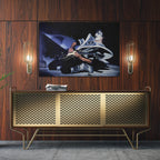 Sleek aluminum color metal print of Ace Frehley displayed over a mid-century modern credenza.