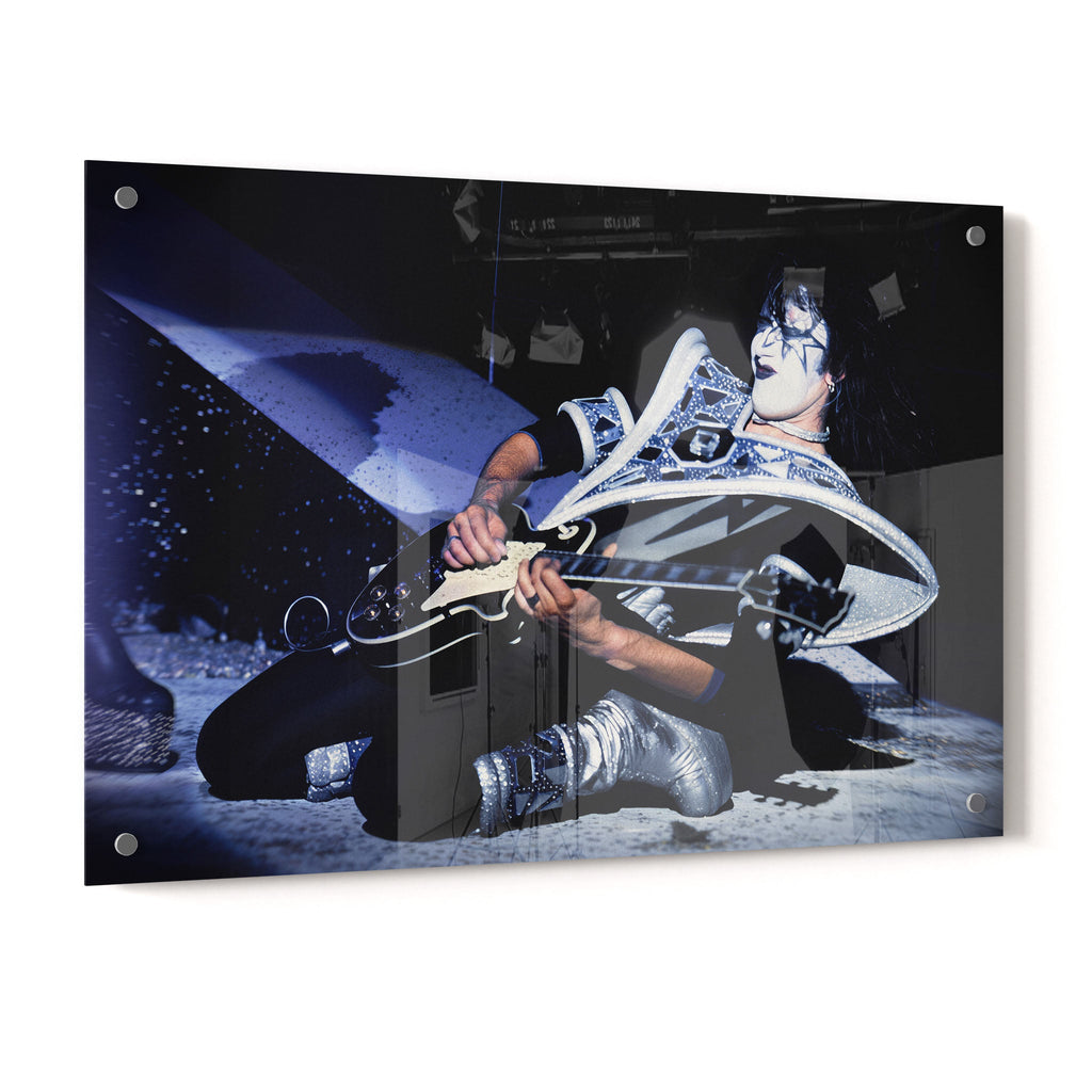 Crystal-clear acrylic glass color art print of Ace Frehley 1979 KISS Dynasty with polished edges.