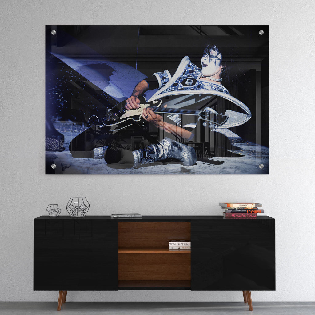 High-gloss acrylic glass color print of Ace Frehley on the Dynasty Tour displayed above a contemporary console.