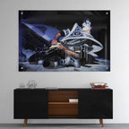 High-gloss acrylic glass color print of Ace Frehley on the Dynasty Tour displayed above a contemporary console.