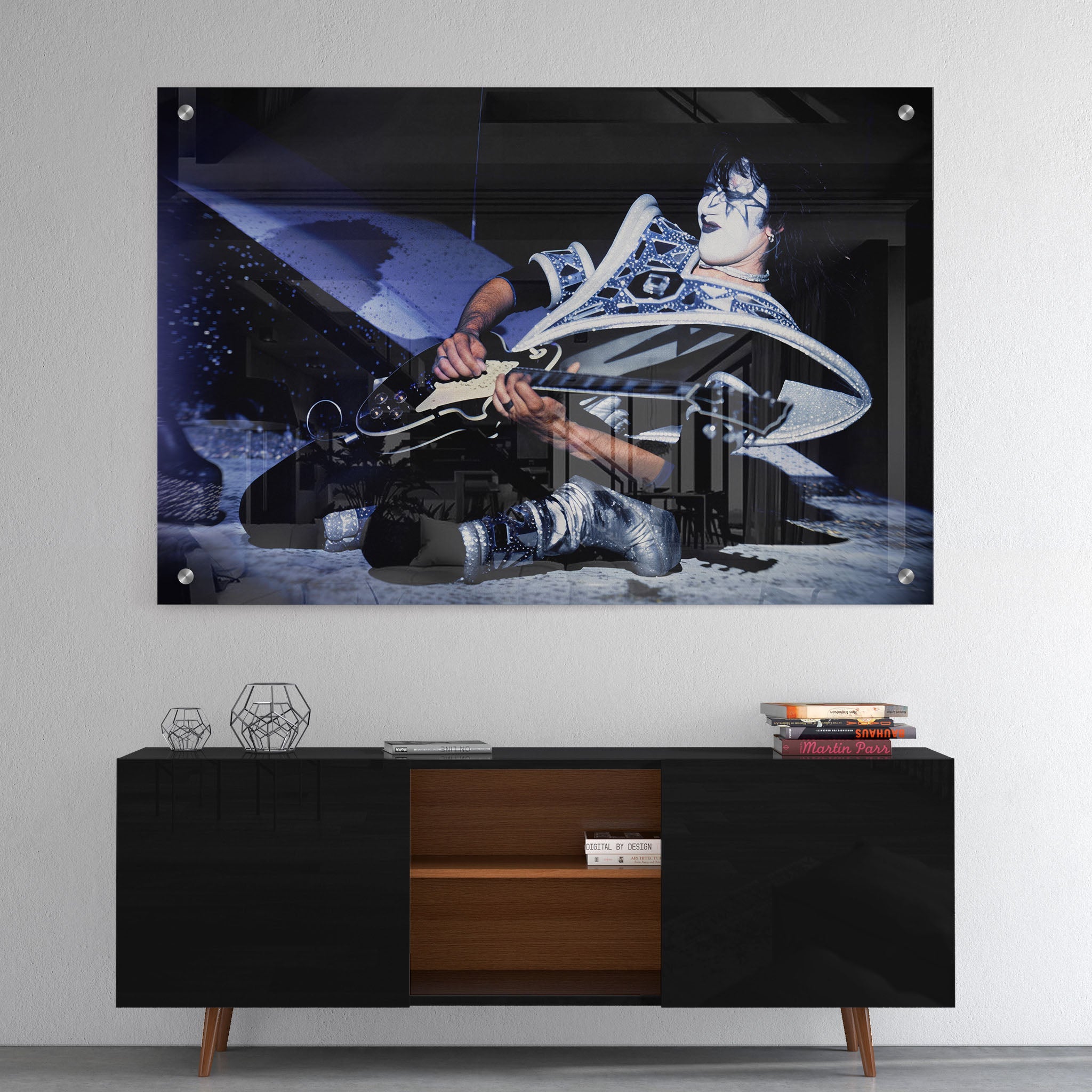 High-gloss acrylic glass color print of Ace Frehley on the Dynasty Tour displayed above a contemporary console.