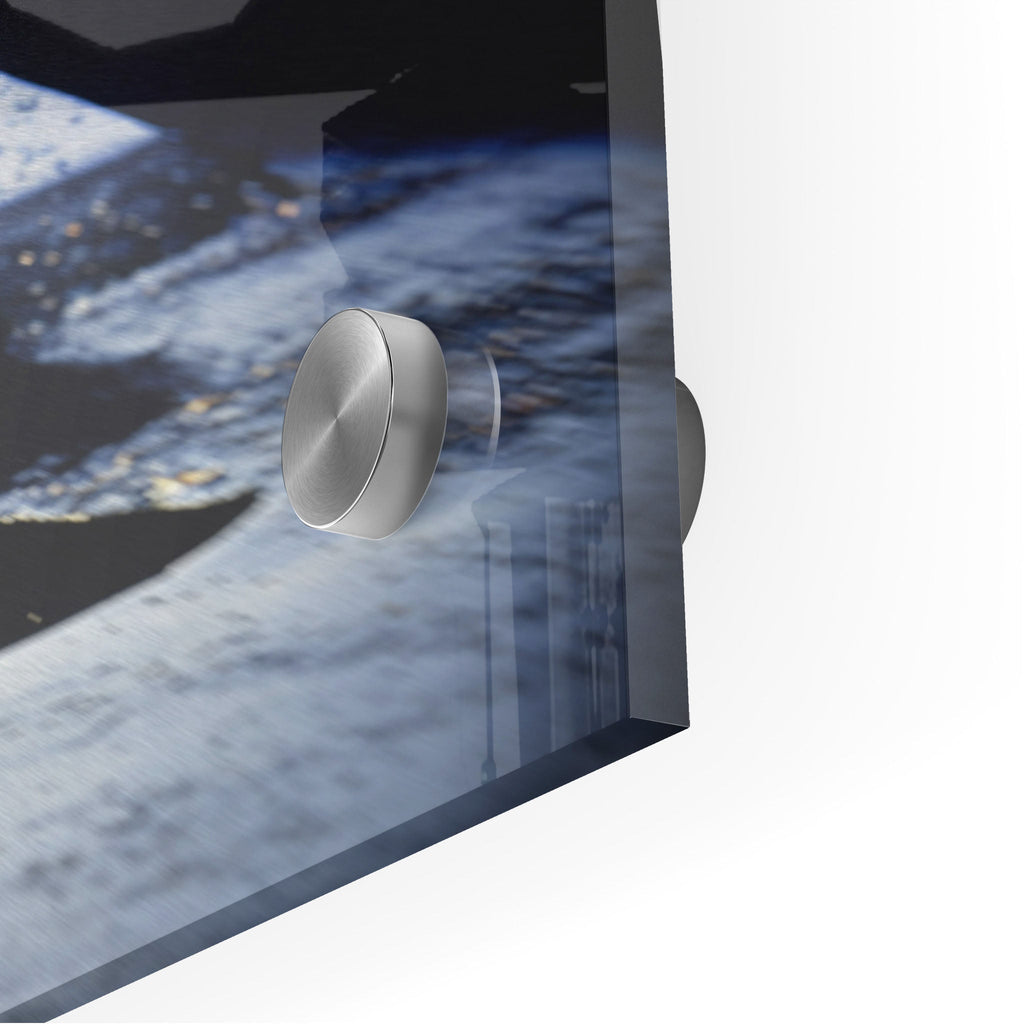 Macro close-up of the depth effect and stainless steel standoff mount of the acrylic Ace Frehley print.