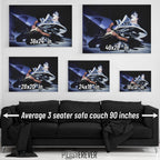Ace Frehley 1979 KISS Dynasty color wall art size comparison chart shown above an average 90-inch three-seater sofa.