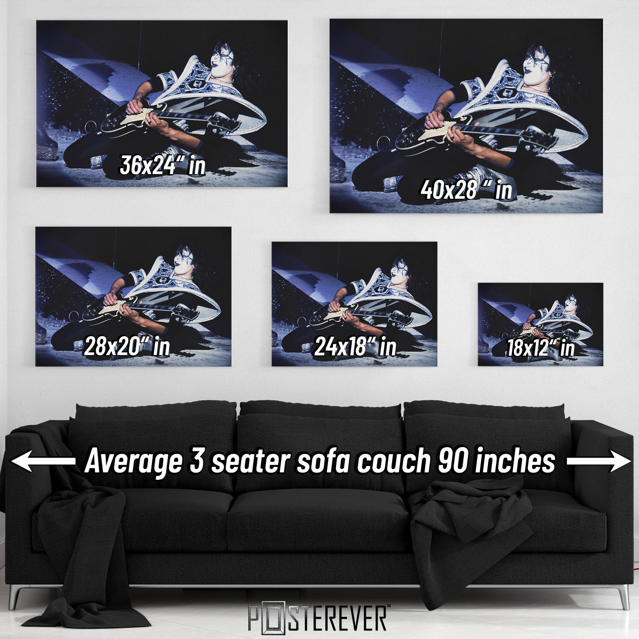 Ace Frehley 1979 KISS Dynasty color wall art size comparison chart shown above an average 90-inch three-seater sofa.