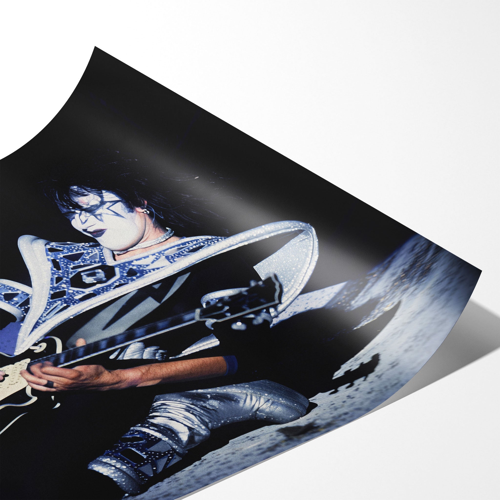 Angled close-up of the unframed premium matte Ace Frehley 1979 KISS Dynasty color poster print.