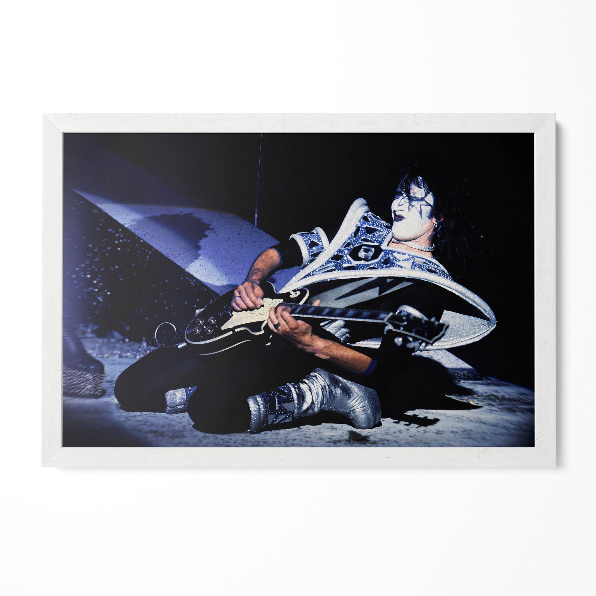 Ace Frehley 1979 KISS Dynasty Tour color poster in a modern minimalist white wooden frame by POSTEREVER.