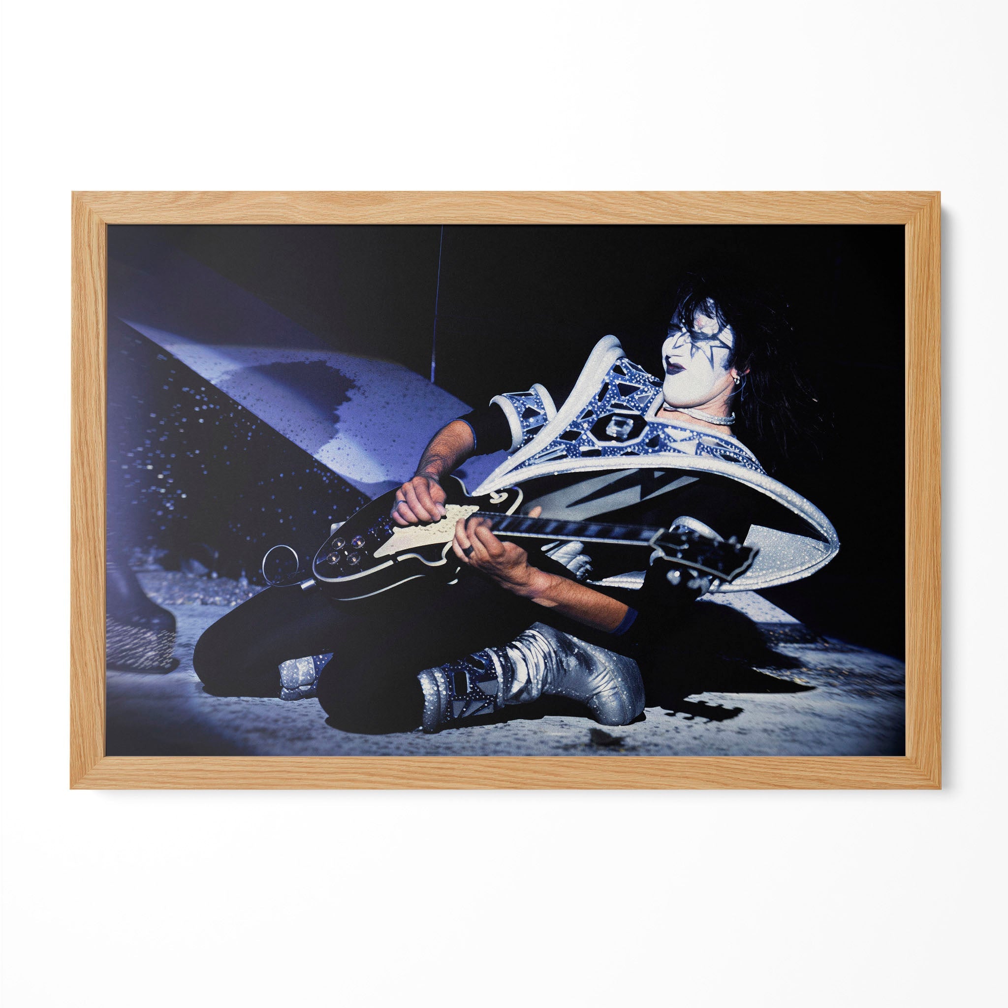 Ace Frehley 1979 KISS Dynasty live color guitar poster in a premium natural oak wood frame by POSTEREVER.