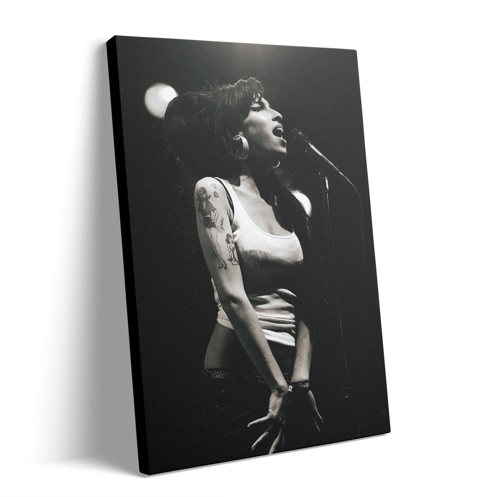 Premium gallery-wrapped black and white canvas print of Amy Winehouse live at Hultsfred Festival in 2007.