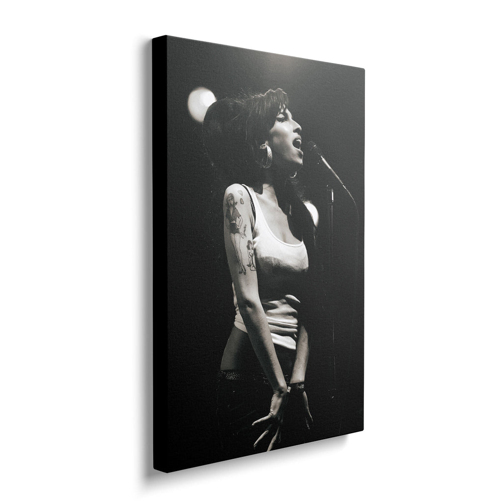 Front view of the heavy-weight black and white canvas wall art print of Amy Winehouse in 2007.