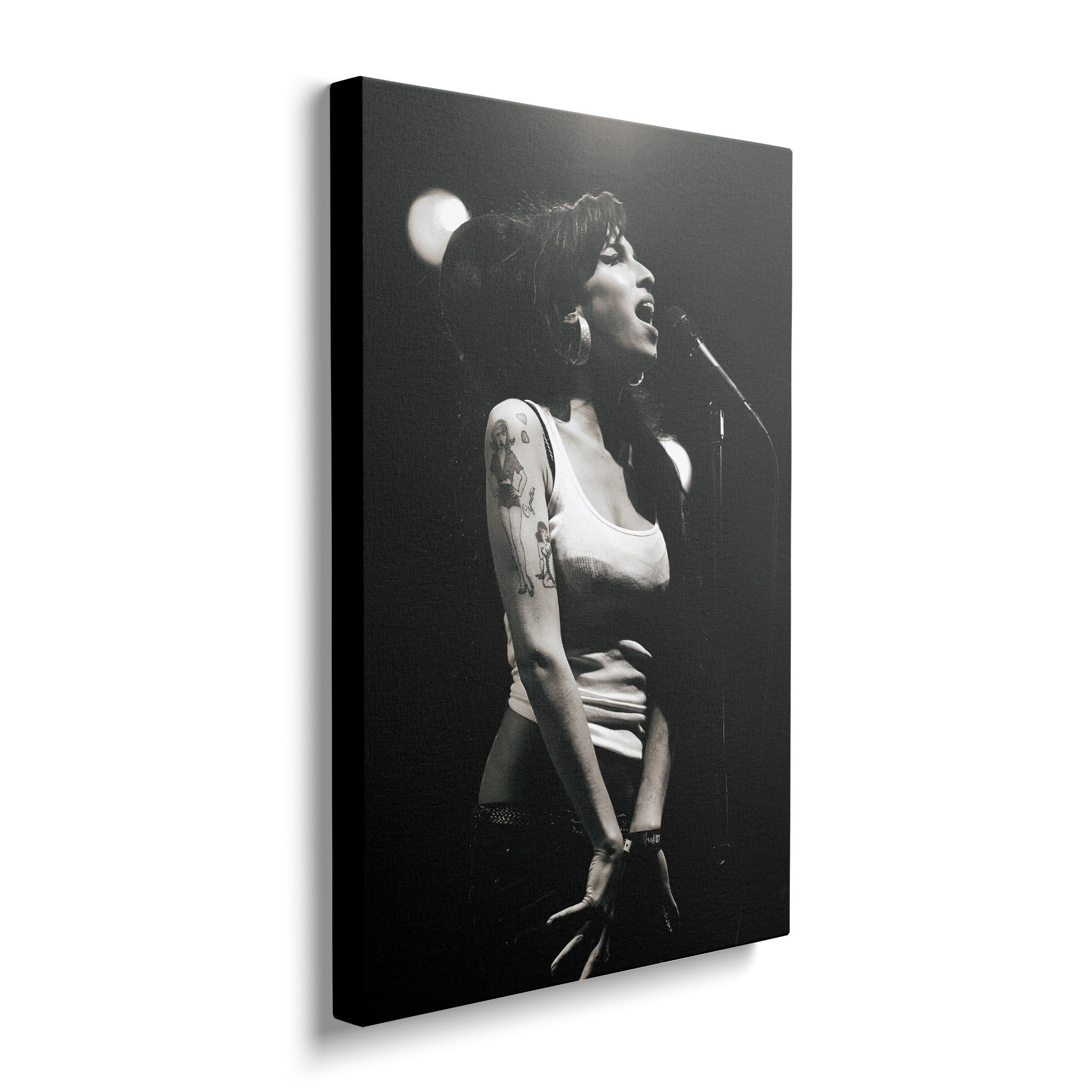 Front view of the heavy-weight black and white canvas wall art print of Amy Winehouse in 2007.