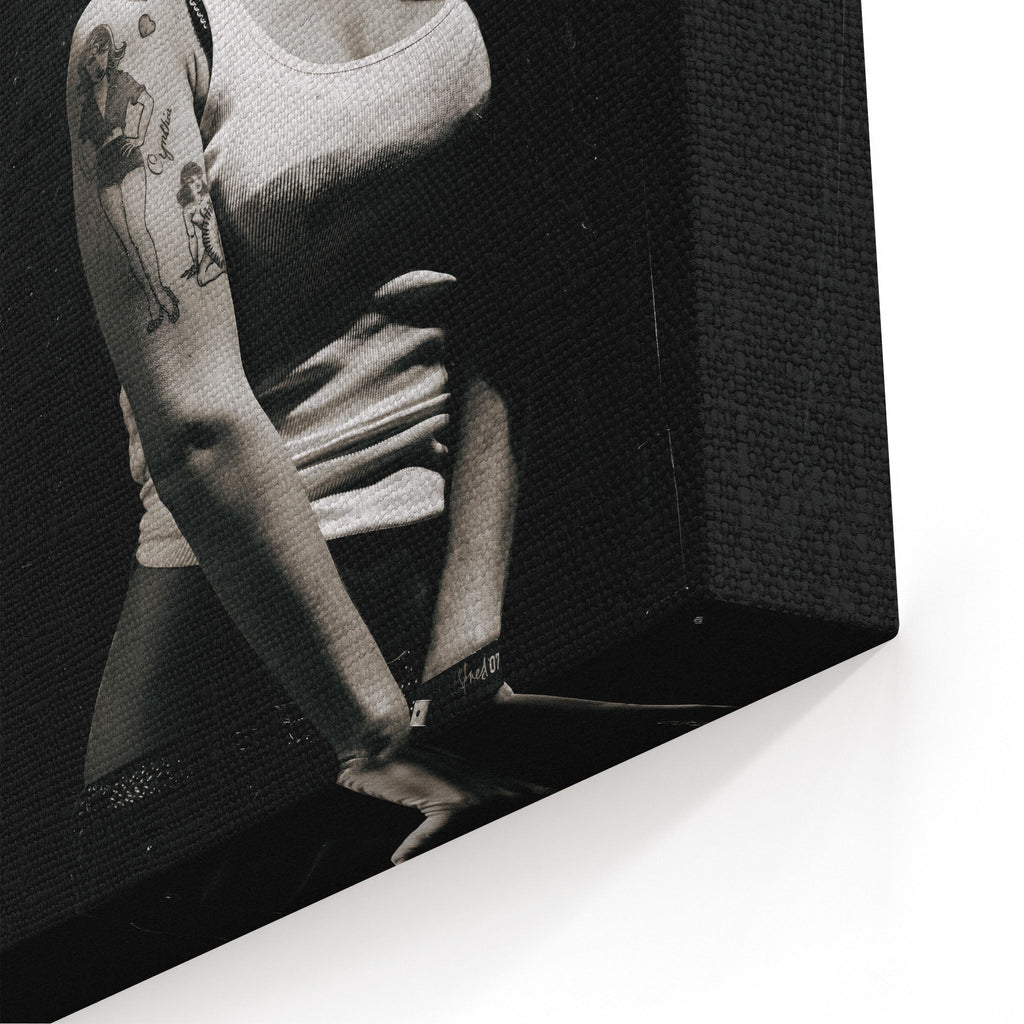 Close-up of the archival canvas texture and sharp black and white print detail on the gallery-wrapped edge.