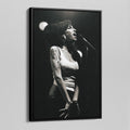 Side angle of the Amy Winehouse 2007 black and white canvas in a luxury minimalist black floating frame.