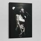 Side angle of the Amy Winehouse 2007 black and white canvas in a luxury minimalist black floating frame.