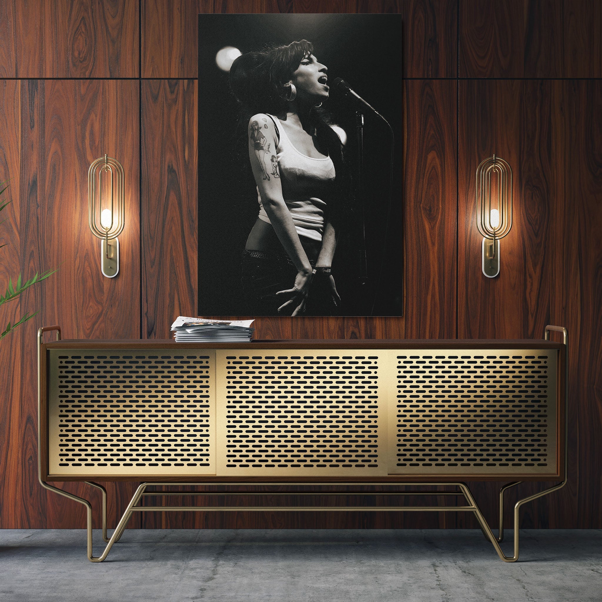 Sleek aluminum black and white metal print of Amy Winehouse displayed over a mid-century modern credenza.