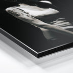 Macro close-up of the ultra-thin aluminum DIBOND panel edge of the Amy Winehouse 2007 black and white metal print.