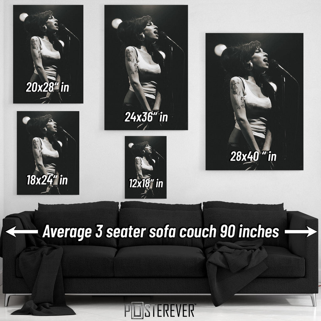 Amy Winehouse 2007 Hultsfred black and white wall art size comparison chart shown above an average 90-inch three-seater sofa.