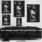 Amy Winehouse 2007 Hultsfred black and white wall art size comparison chart shown above an average 90-inch three-seater sofa.
