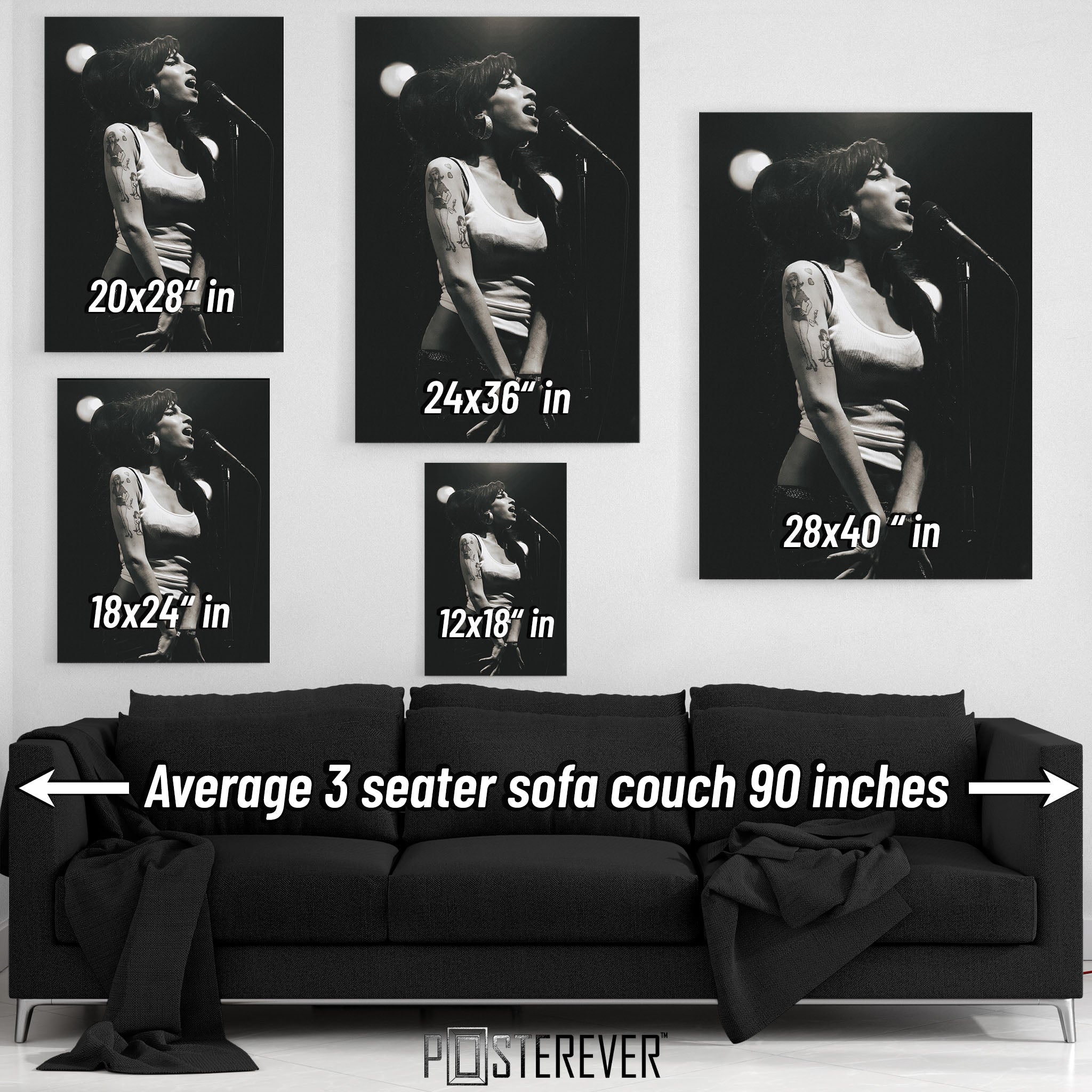 Amy Winehouse 2007 Hultsfred black and white wall art size comparison chart shown above an average 90-inch three-seater sofa.
