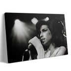 Premium gallery-wrapped black and white canvas print of Amy Winehouse live in Zurich in 2007.