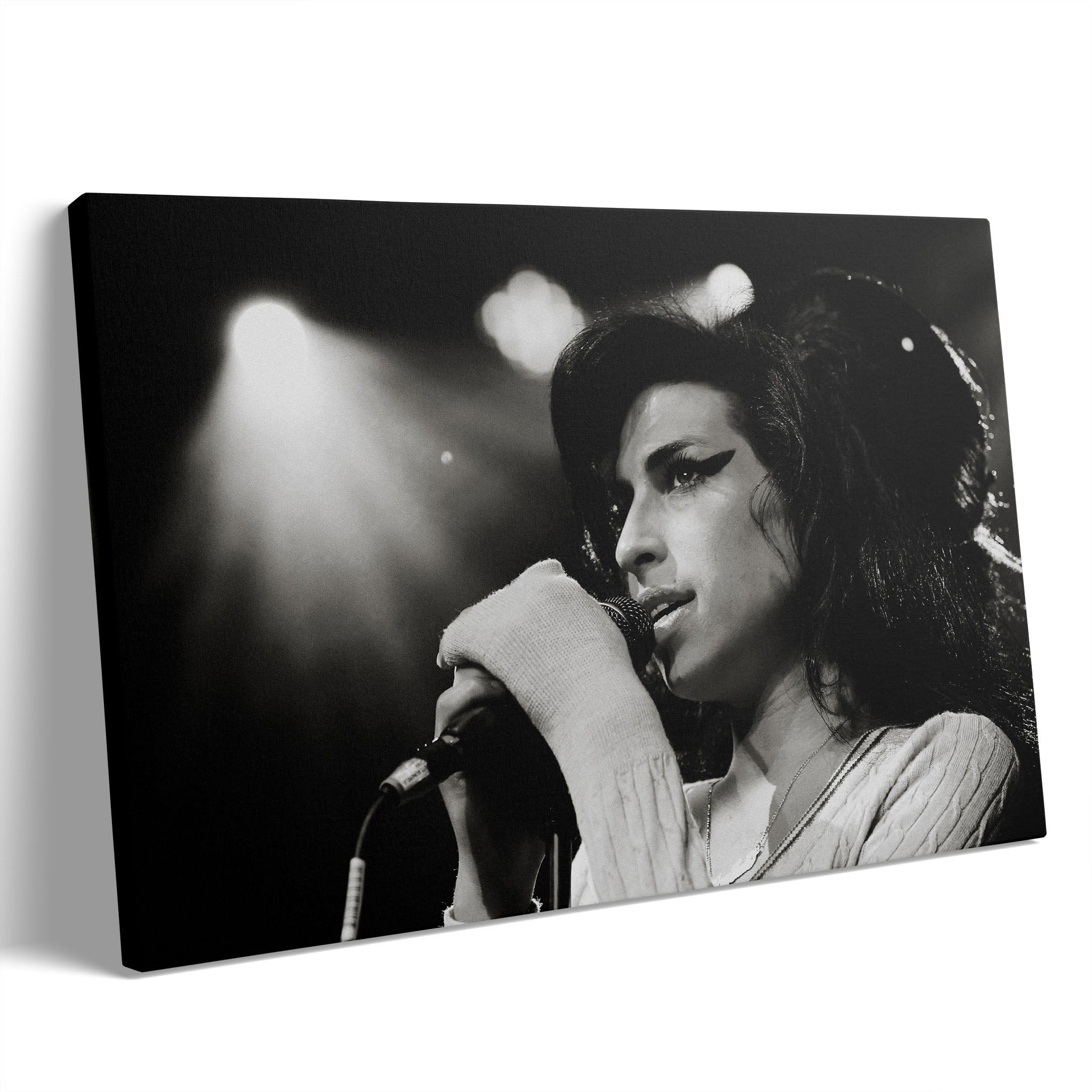 Premium gallery-wrapped black and white canvas print of Amy Winehouse live in Zurich in 2007.
