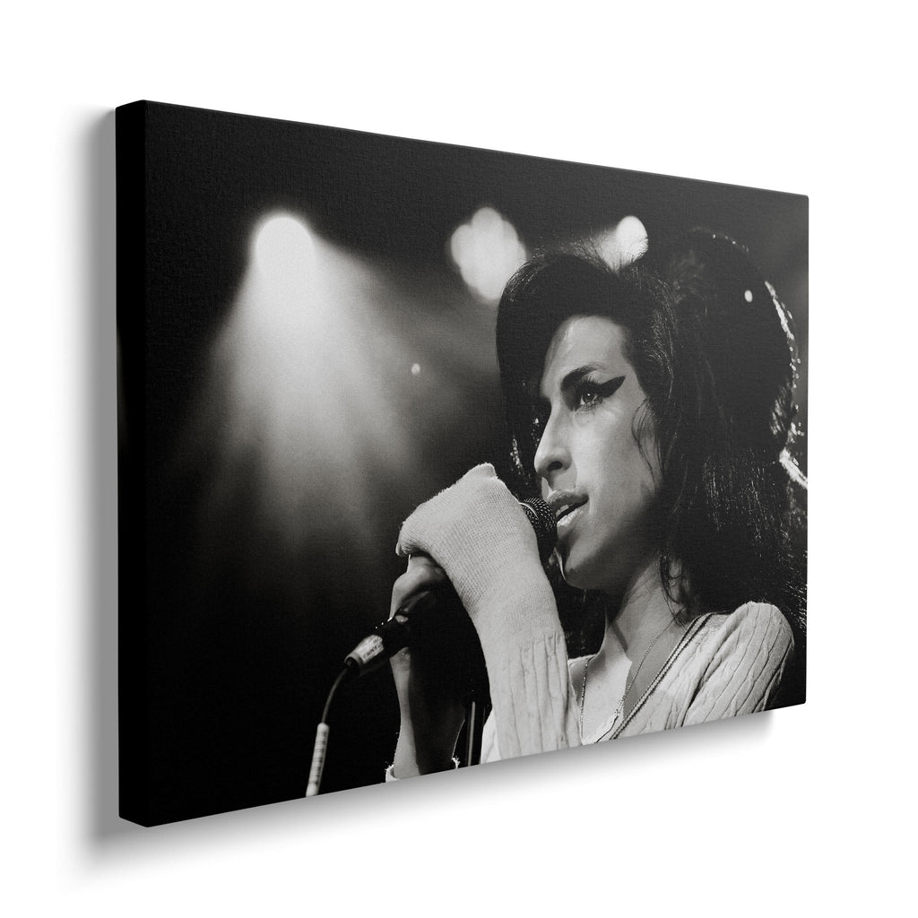 Front view of the heavy-weight black and white canvas wall art print of Amy Winehouse in 2007.