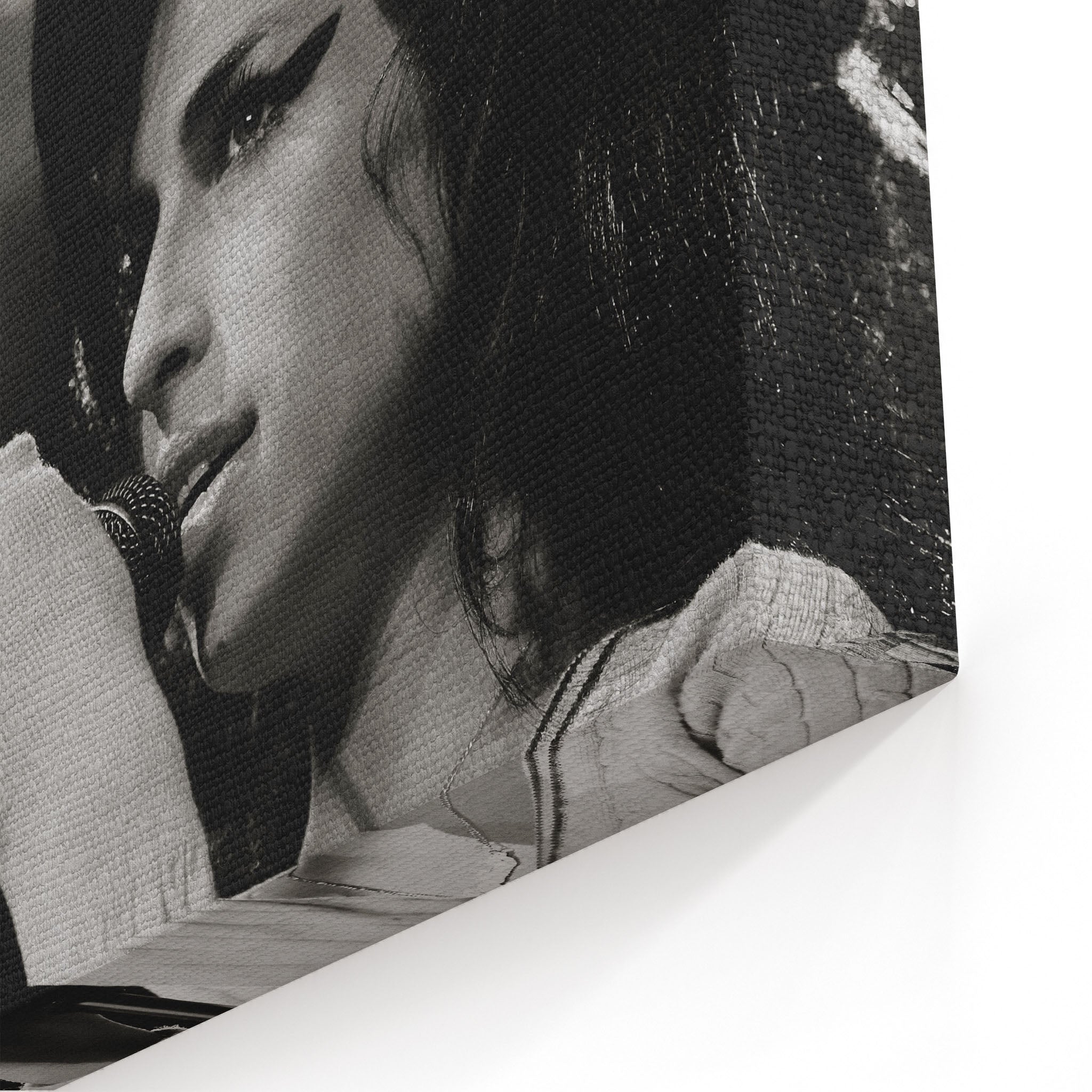 Close-up of the archival canvas texture and sharp black and white print detail on the gallery-wrapped edge.