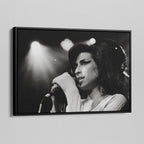 Side angle of the Amy Winehouse 2007 black and white canvas in a luxury minimalist black floating frame.