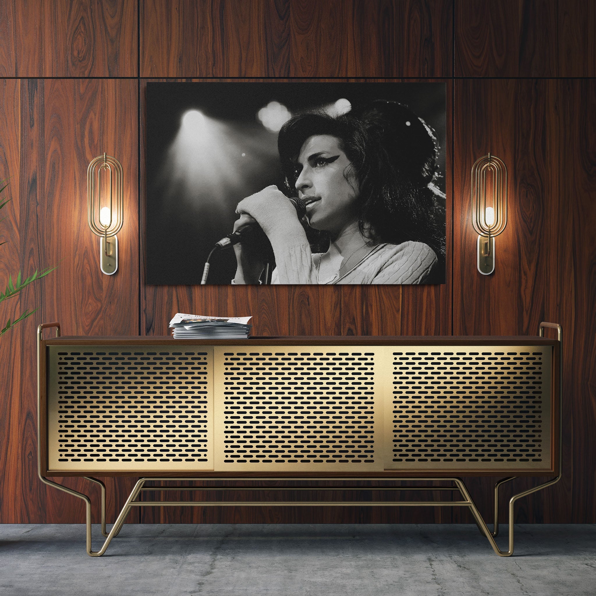 Sleek aluminum black and white metal print of Amy Winehouse displayed over a mid-century modern credenza.