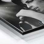 Macro close-up of the ultra-thin aluminum DIBOND panel edge of the Amy Winehouse 2007 black and white metal print.
