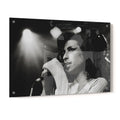 Crystal-clear acrylic glass black and white art print of Amy Winehouse 2007 with polished edges.