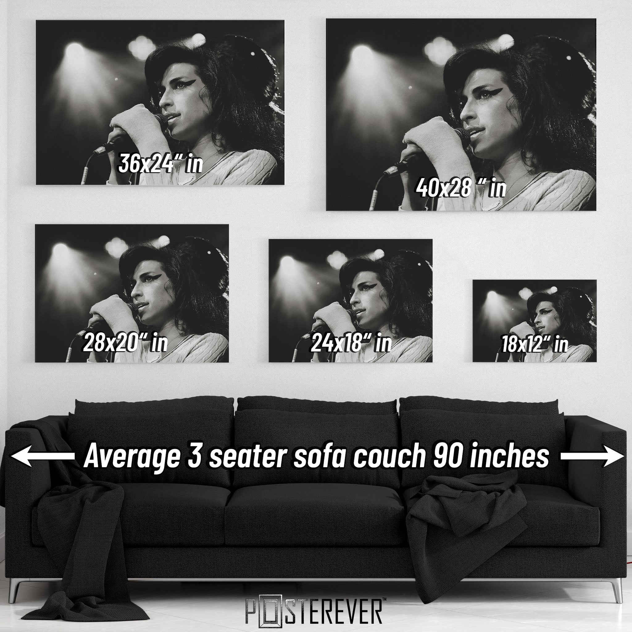 Amy Winehouse 2007 Zurich black and white wall art size comparison chart shown above an average 90-inch three-seater sofa.