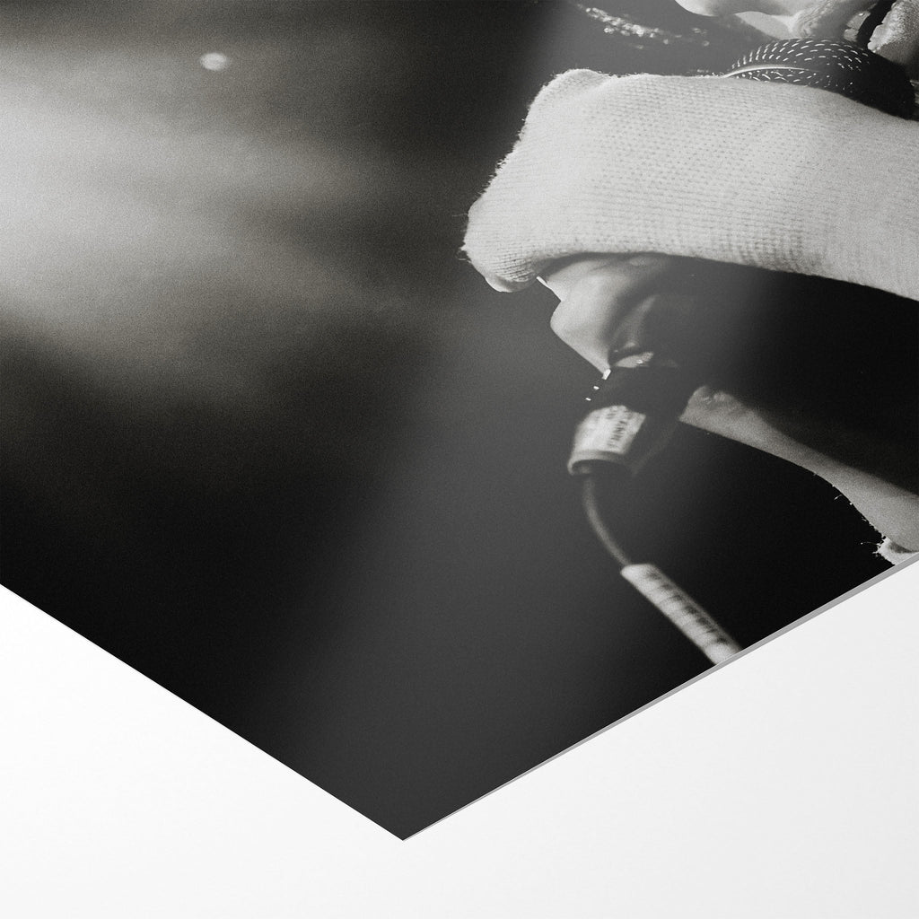 Front close-up showing the deep monochrome contrast and matte finish of the unframed Amy Winehouse black and white art print.