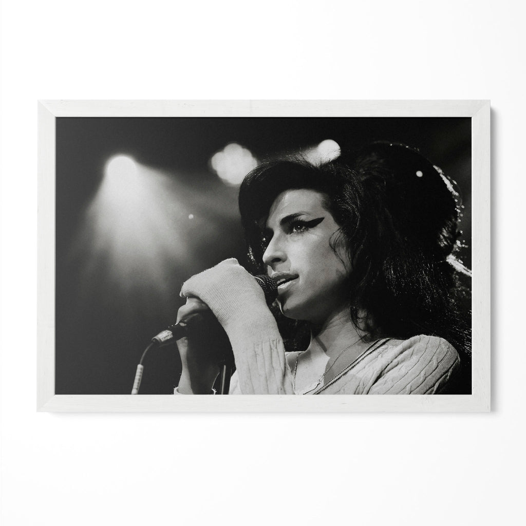Amy Winehouse 2007 Zurich black and white poster in a modern minimalist white wooden frame by POSTEREVER.