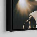 Corner macro of the elegant floating gap and fine finish of the black floating canvas frame.