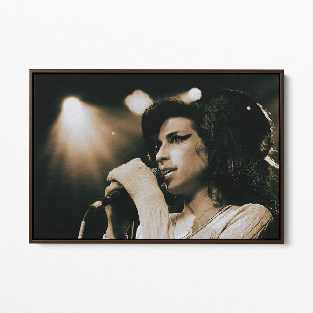 Front display of the Amy Winehouse 2007 color canvas in a premium dark walnut floating frame.