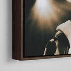 Corner close-up showing the rich grain and joinery of the dark walnut floating canvas frame.