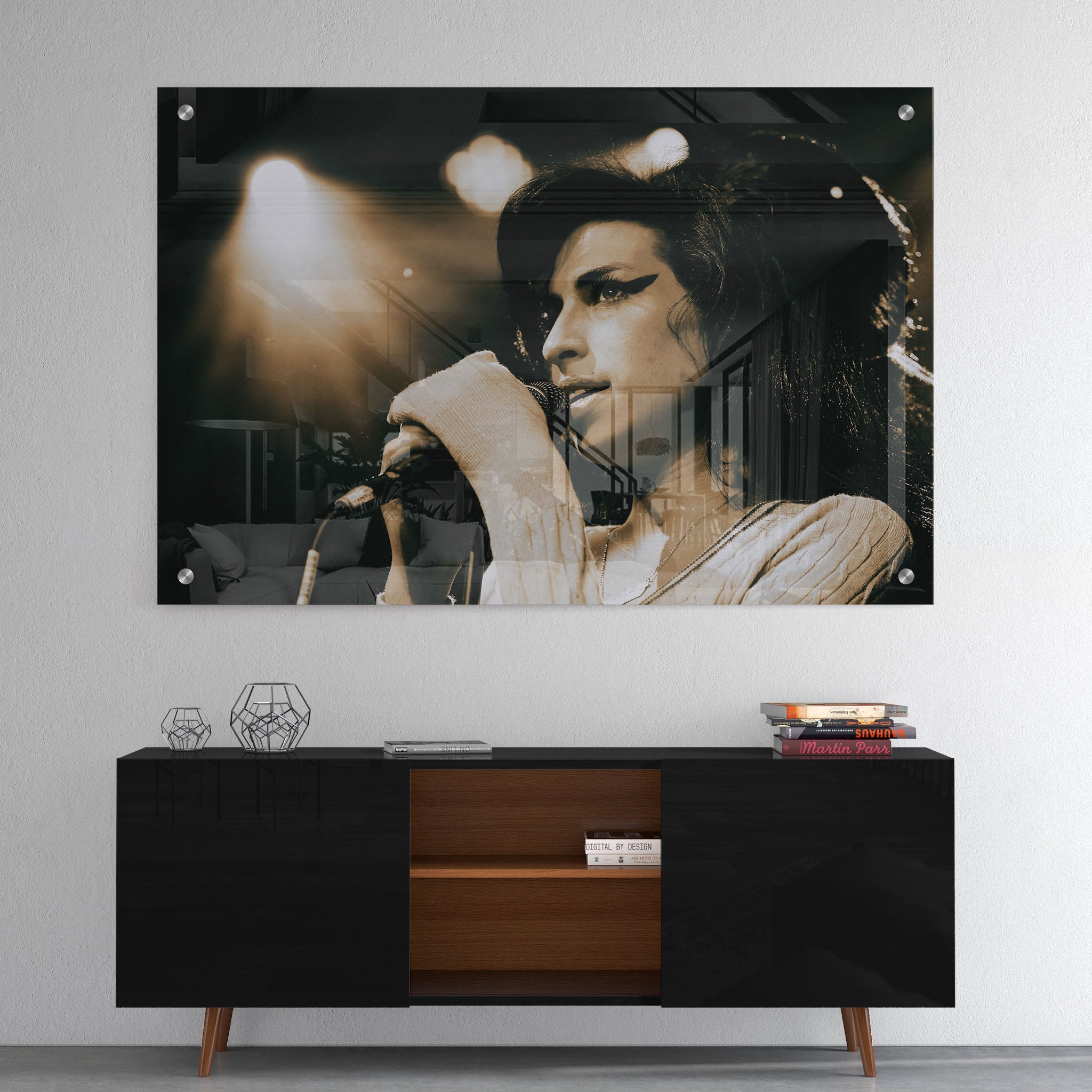 High-gloss acrylic glass color print of Amy Winehouse displayed above a contemporary console.