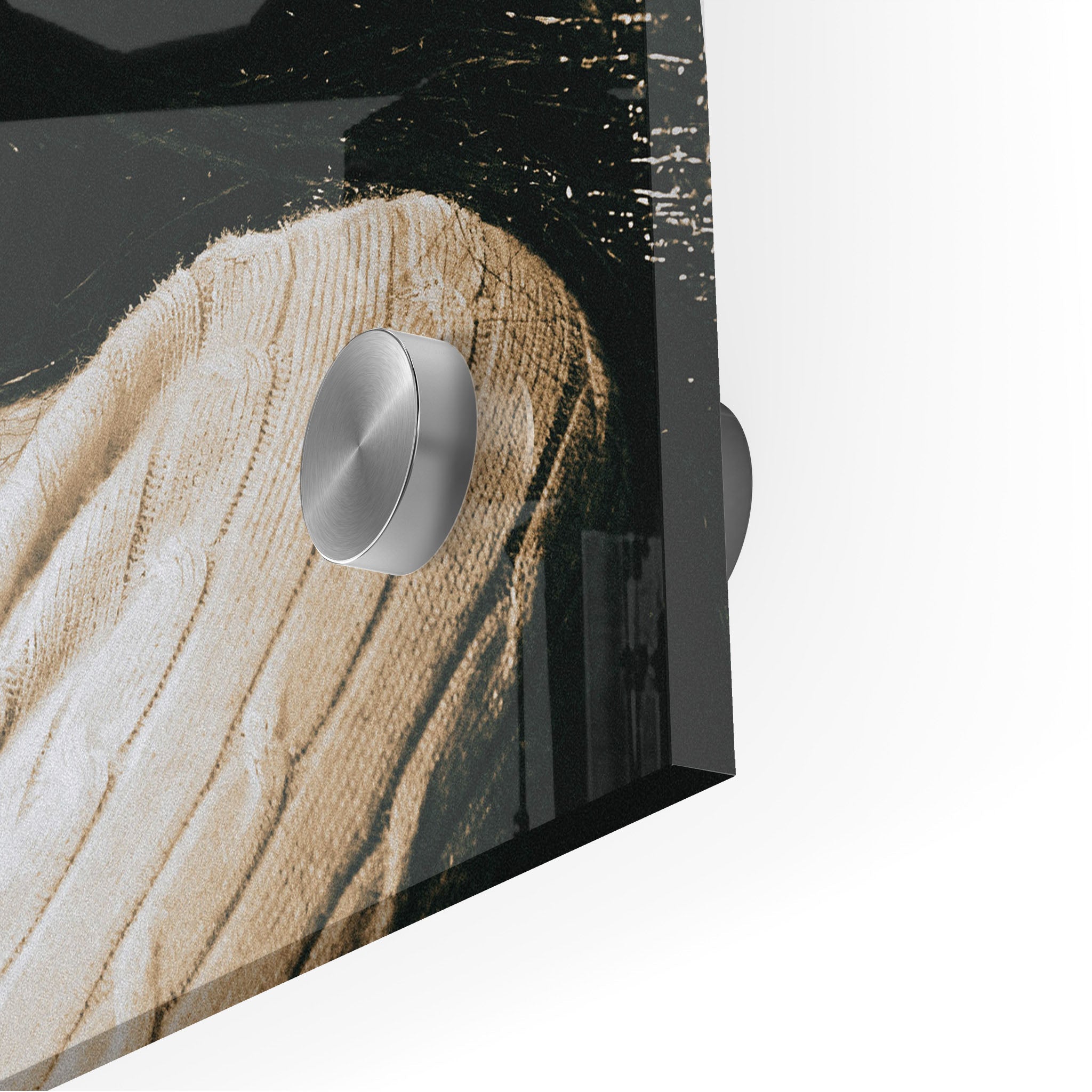 Macro close-up of the depth effect and stainless steel standoff mount of the acrylic Amy Winehouse print.