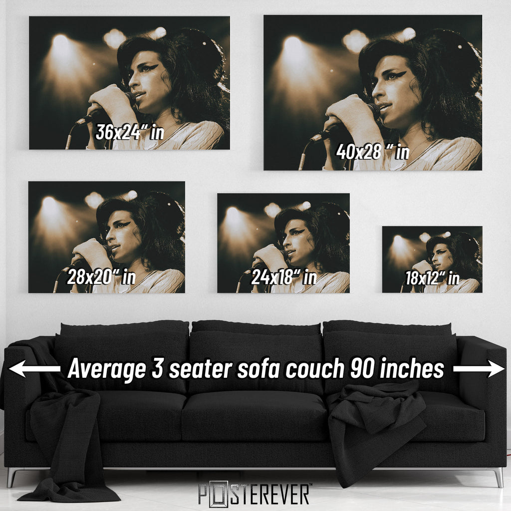 Amy Winehouse 2007 Zurich color wall art size comparison chart shown above an average 90-inch three-seater sofa.