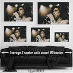 Amy Winehouse 2007 Zurich color wall art size comparison chart shown above an average 90-inch three-seater sofa.