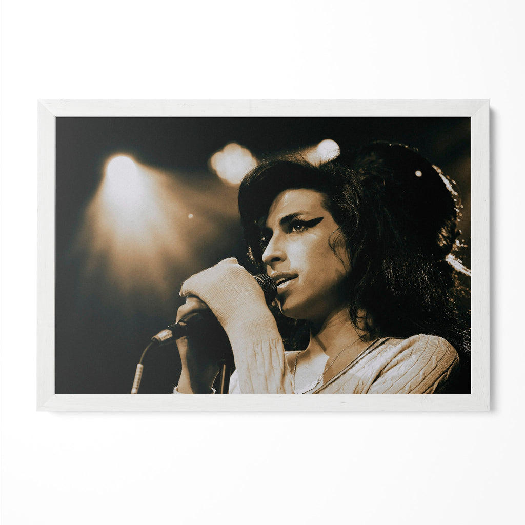 Amy Winehouse 2007 Zurich live color poster in a modern minimalist white wooden frame by POSTEREVER.