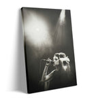 Premium gallery-wrapped black and white canvas print of Amy Winehouse live in the Back to Black era.